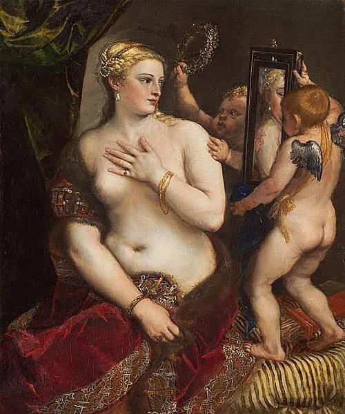 油画欣赏：《镜前维纳斯与两个小天使》（提香）