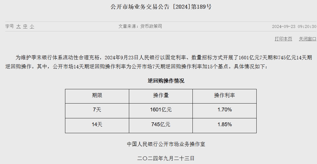 央行重启14天期逆回购操作 利率下调10个基点