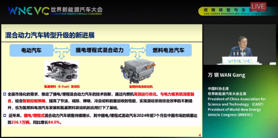 万钢：前7月插电/增程式混动汽车销量达236.1万辆，同比增长84.5%