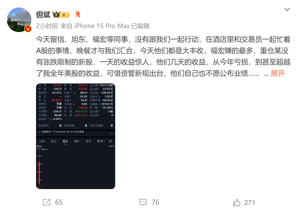 时刻快讯|但斌：同事在A股上几天的收益 超过了我全年美股的收益