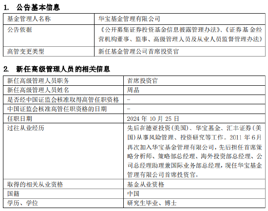 华宝基金新任周晶为首席投资官