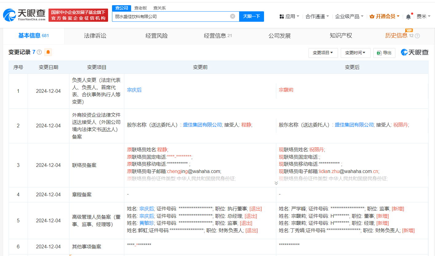 时刻快讯|宗馥莉接手丽水盛佳饮料公司