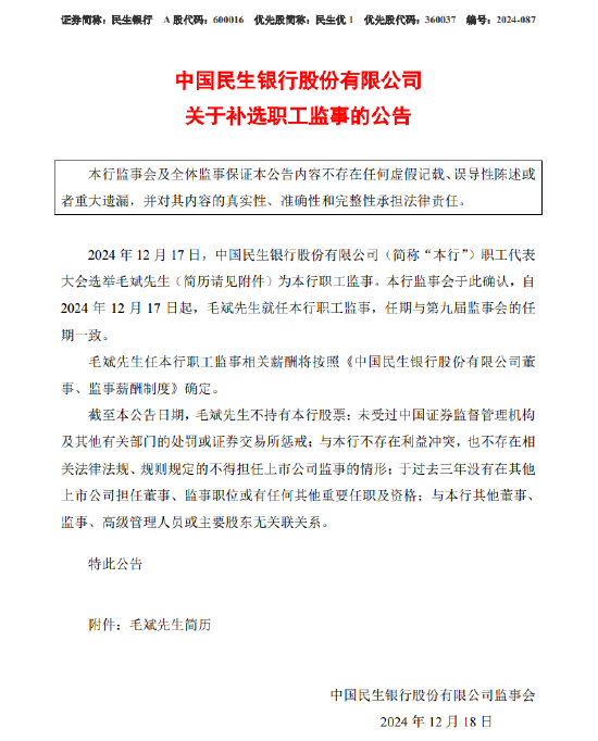 民生银行：选举毛斌为职工监事